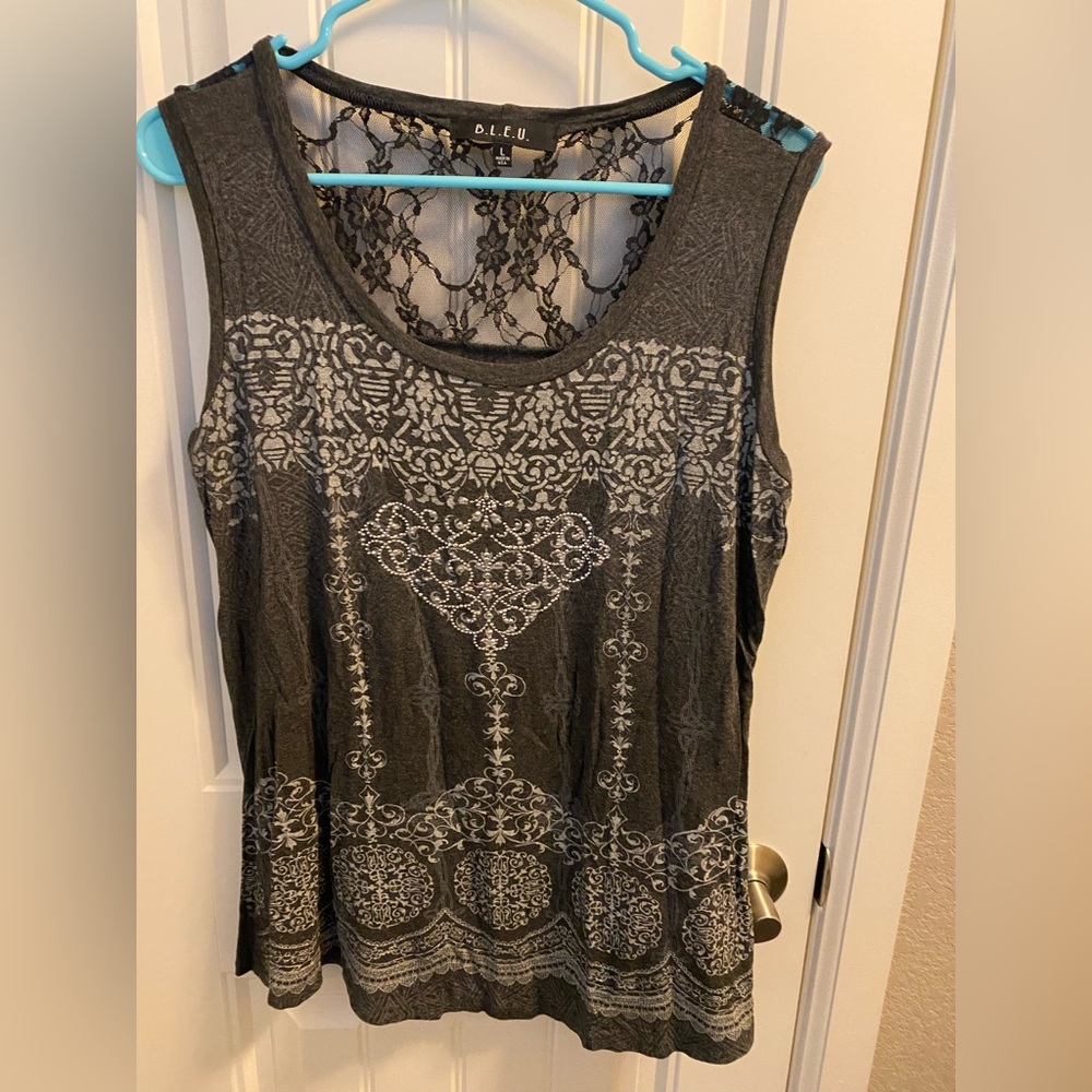 BLEU Top L Gray Lace Rhinestone Blouse Large Tank Style Shirt Lg